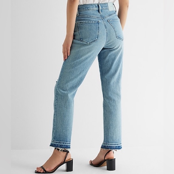 NWT EXPRESS High Waisted Medium Wash Drop Hem Straight Ankle Jeans, 4 short (4S) - Picture 2 of 14